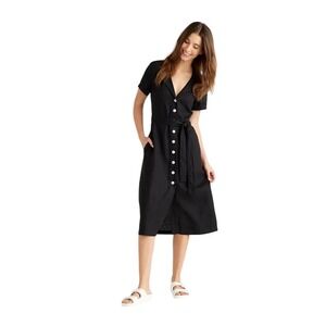 Quince European Linen Button Front Midi Dress Black Short Sleeve Tie Waist M